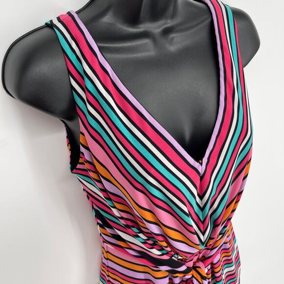 Betsey Johnson V-Neck Sleeveless Dress Sz 2 Pink Multi Striped Front Sash Zipper - Picture 2 of 9